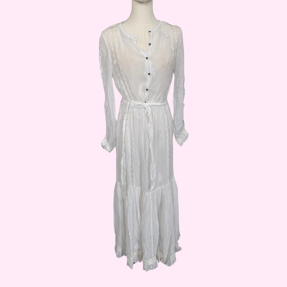 Chan Luu Designer Boho Chic Lace Flowy White Tiered Prairie Dress Size Small